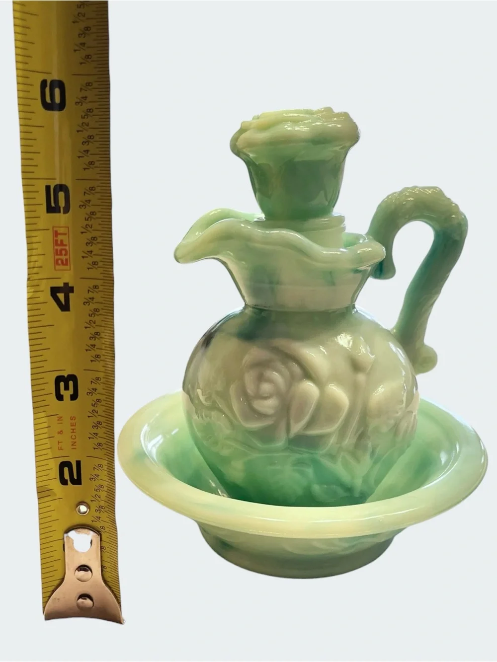 VINTAGE 1986 AVON Victorian Blue Green Milk Glass Rose Pitcher Basin Set - Picture 6 of 7